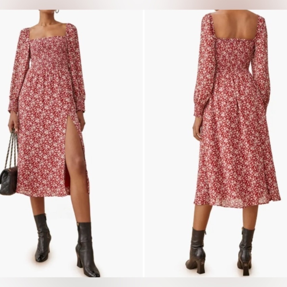 Reformation Cello Flower Girl Floral Print Midi Dress Red & White Size Small